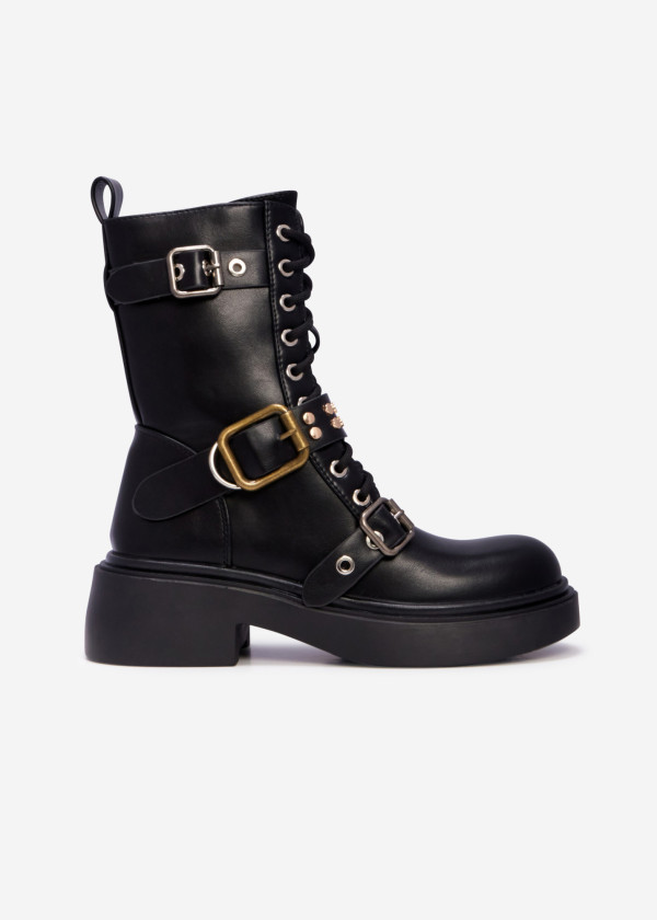 Black combat boots with mixed-metal buckles 3