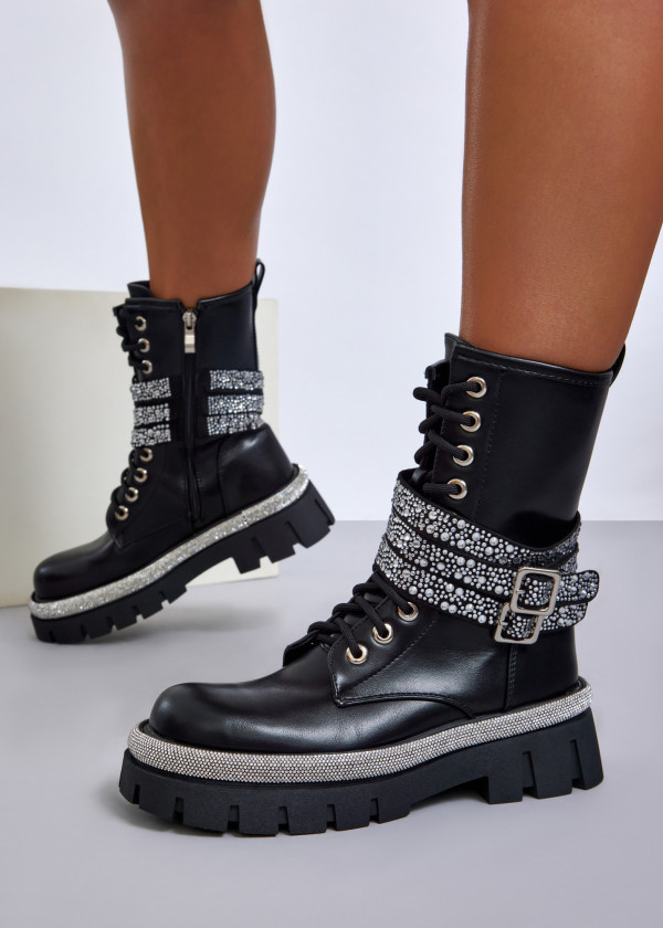 Womens rhinestone combat boots with buckle straps