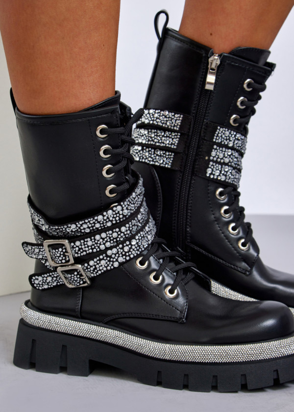 Womens rhinestone combat boots with buckle straps 1