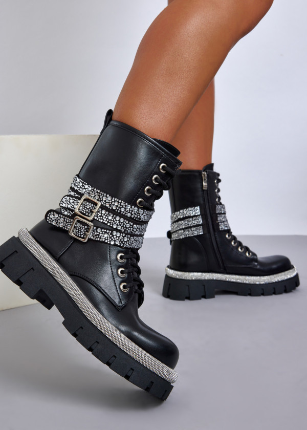 Womens rhinestone combat boots with buckle straps 2