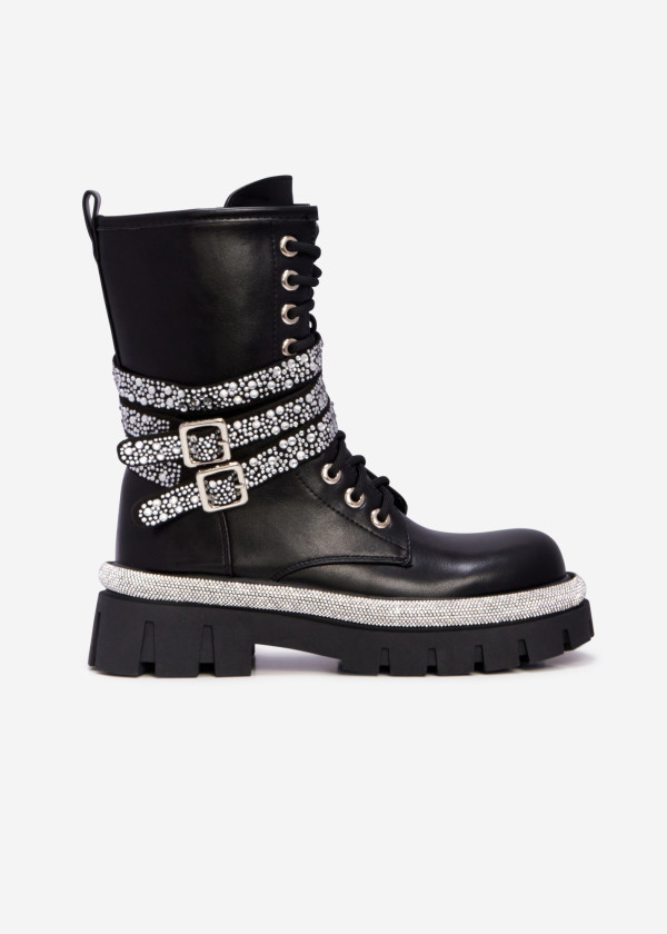 Womens rhinestone combat boots with buckle straps 3