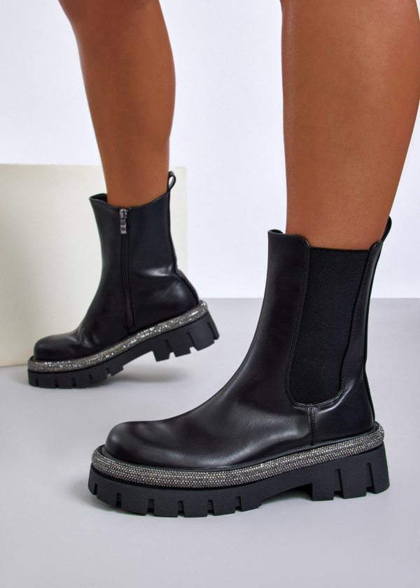 Black chelsea rhinestone-trimmed sole boots