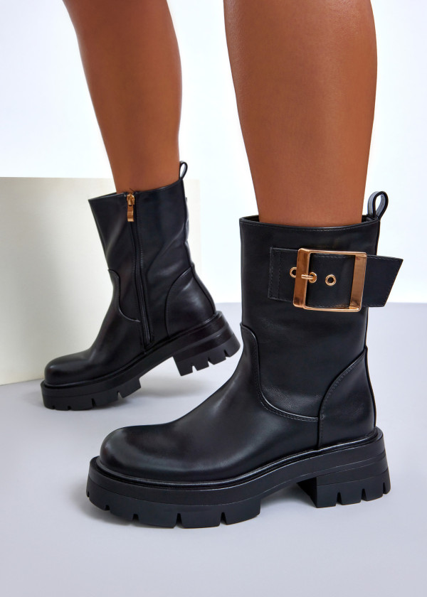 Black chunky ankle boots with statement gold buckle 4