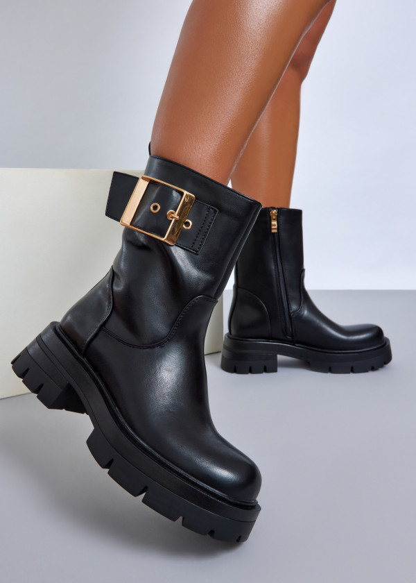 Black chunky ankle boots with statement gold buckle 1