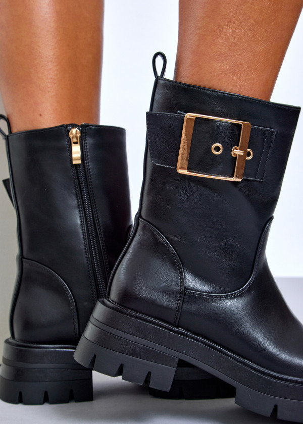 Black chunky ankle boots with statement gold buckle 2