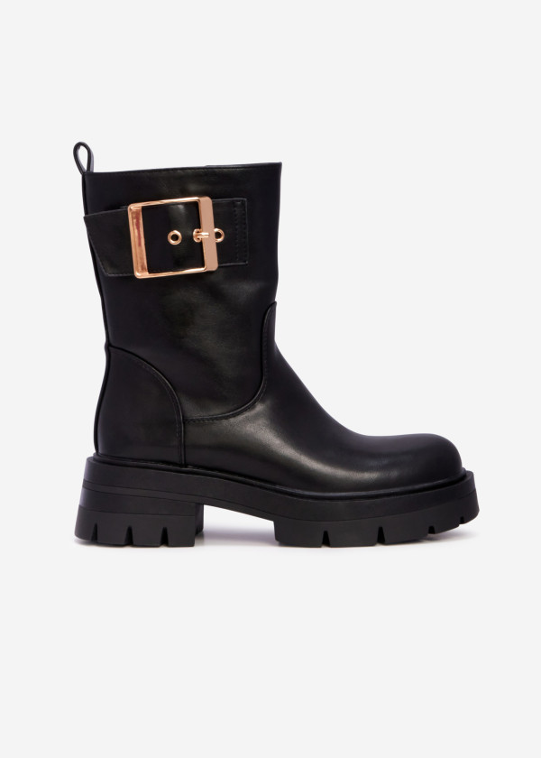 Black chunky ankle boots with statement gold buckle 3