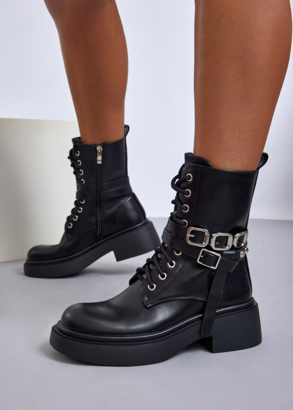 Black lace up buckle-strap army boot 4