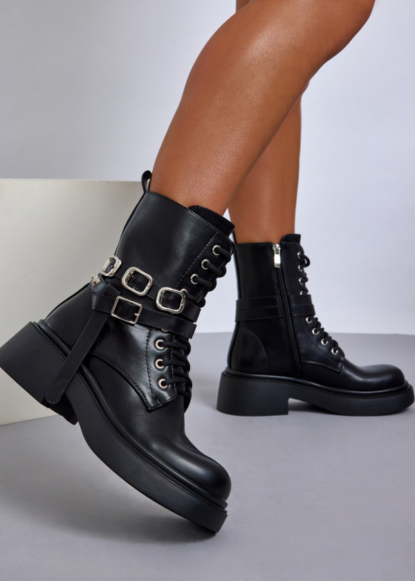 Black lace up buckle-strap army boot 1