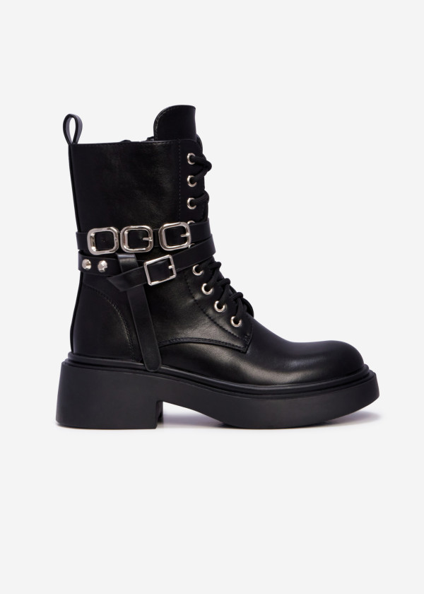 Black lace up buckle-strap army boot 3