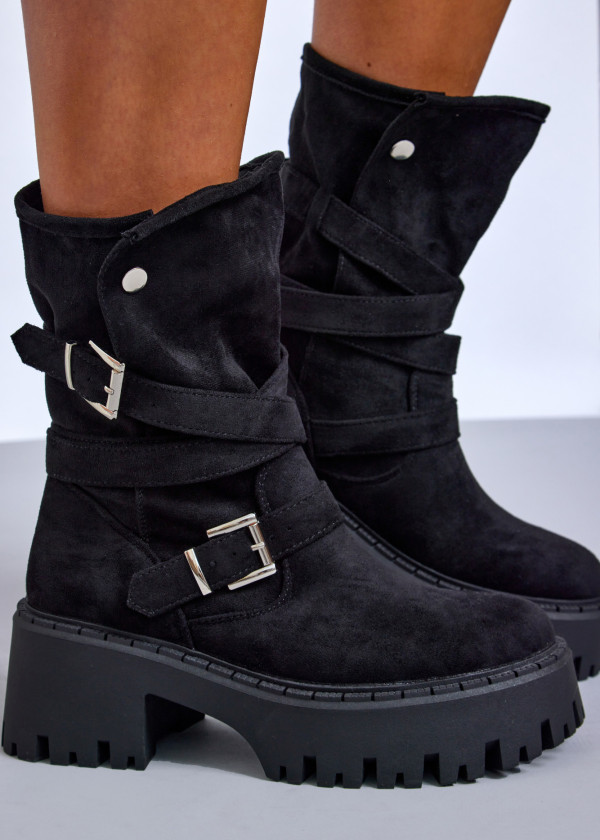 Black chunky combat boot with double buckle straps 1