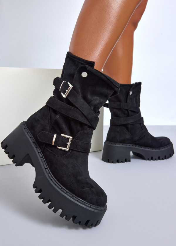 Black chunky combat boot with double buckle straps 2