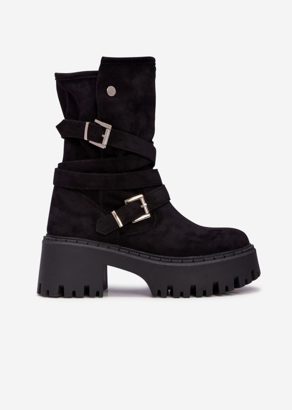 Black chunky combat boot with double buckle straps 3