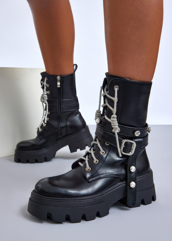 Black crystal-studded lace-up combat boots