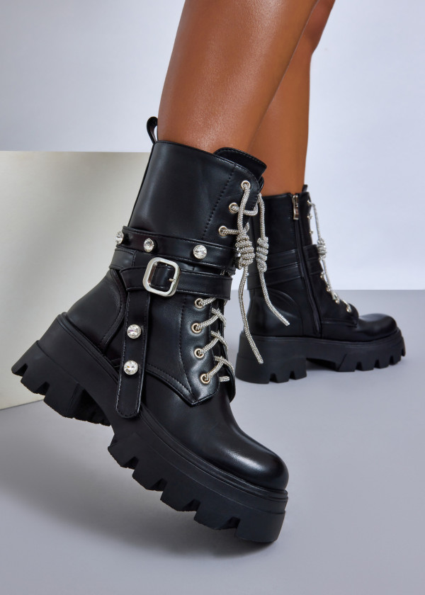 Black crystal-studded lace-up combat boots 1