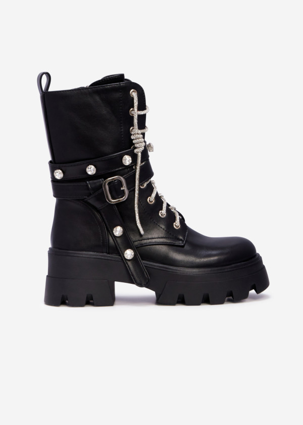 Black crystal-studded lace-up combat boots 3