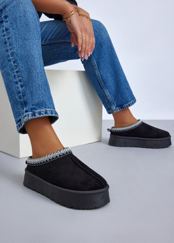 Black cozy slip-on platform mules