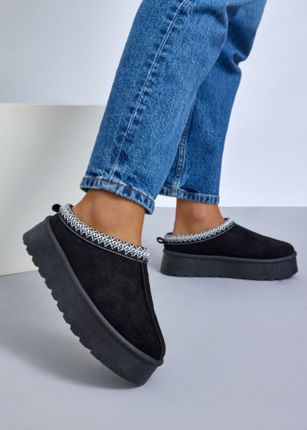 Black cozy slip-on platform mules 1