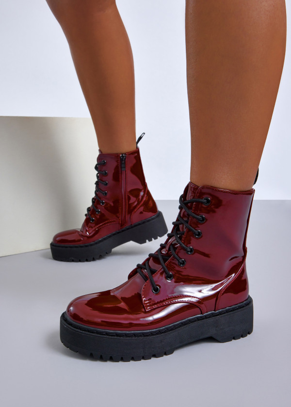 Wine patent lace-up combat boots 4