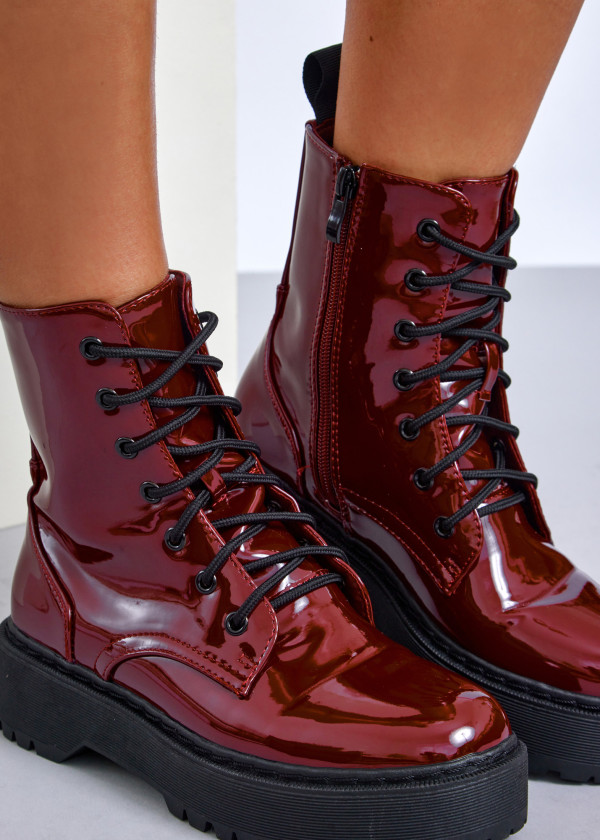 Wine patent lace-up combat boots 1