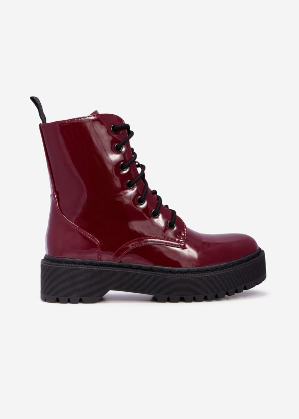 Wine patent lace-up combat boots 3