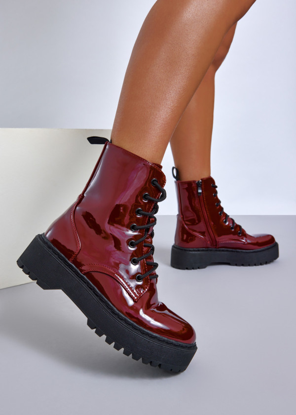 Wine patent lace-up combat boots 2