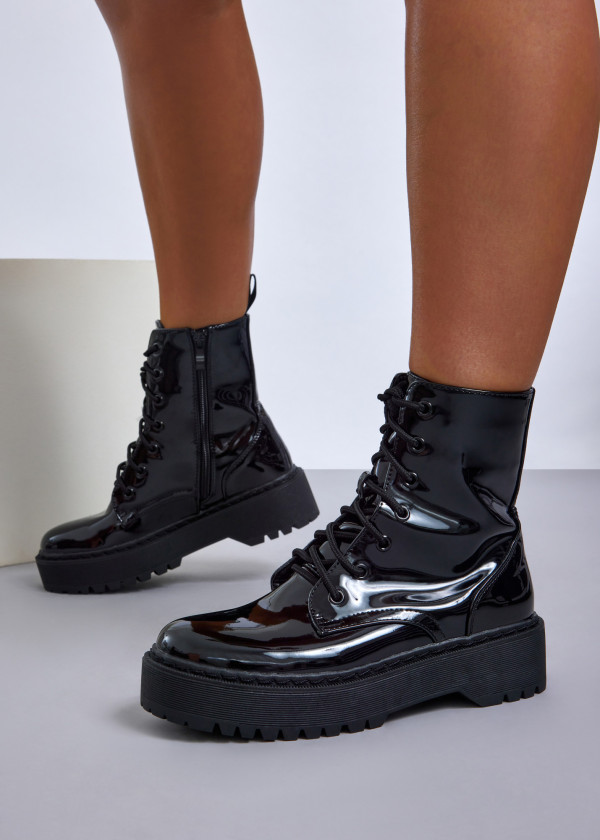 Black patent lace-up combat boots