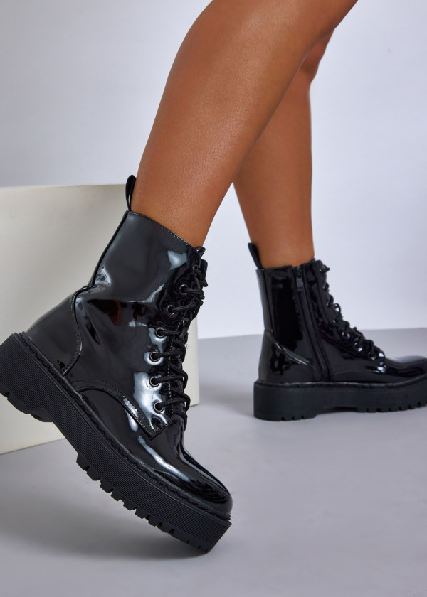 Black patent lace-up combat boots 1