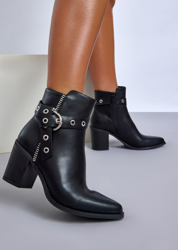 Black block heel ankle boots with grommet strap 4