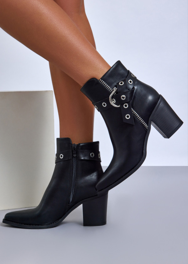 Black block heel ankle boots with grommet strap 2