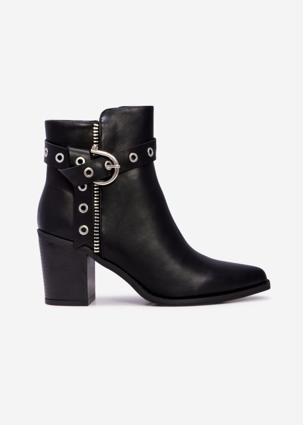 Black block heel ankle boots with grommet strap 3