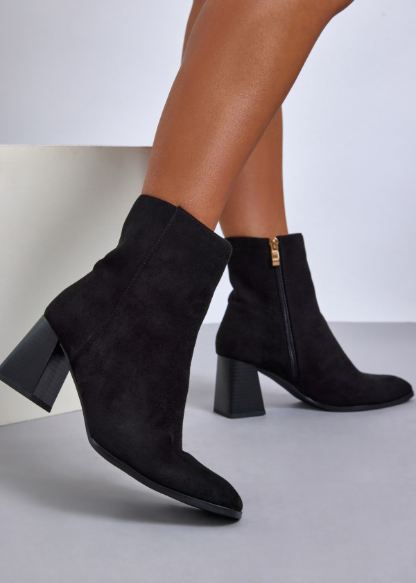 Black suede block heeled ankle boots