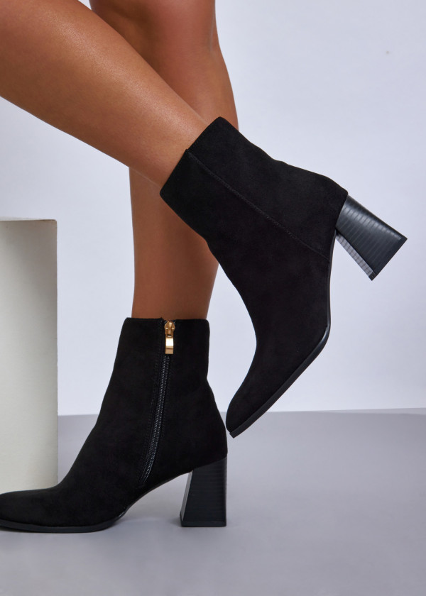 Black suede block heeled ankle boots 1