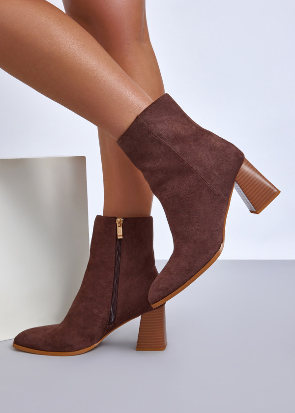 Brown suede block heel ankled boots 1