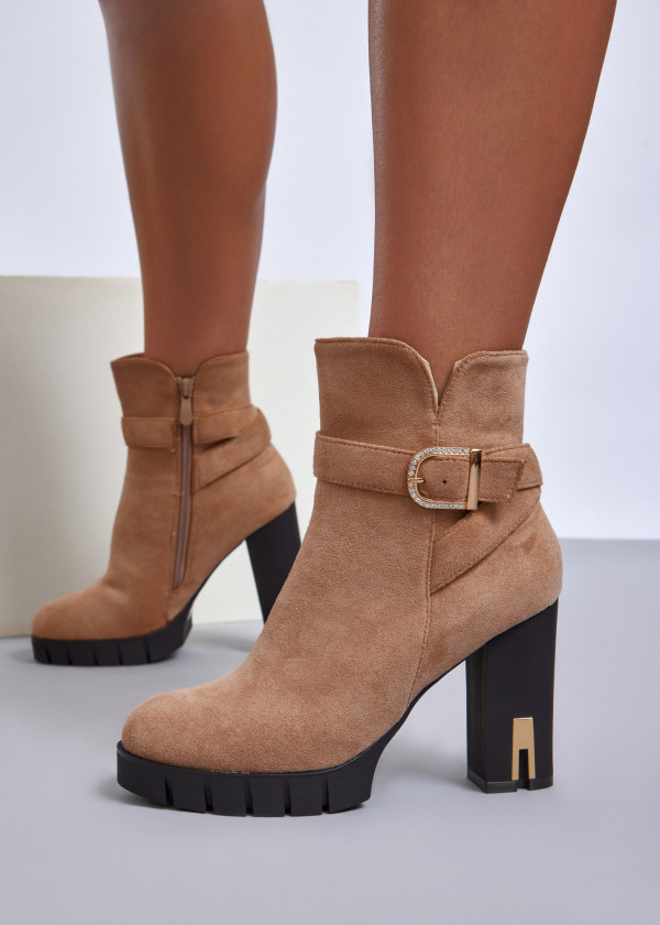 Khaki suede block heeled ankle boots with diamante buckle 4