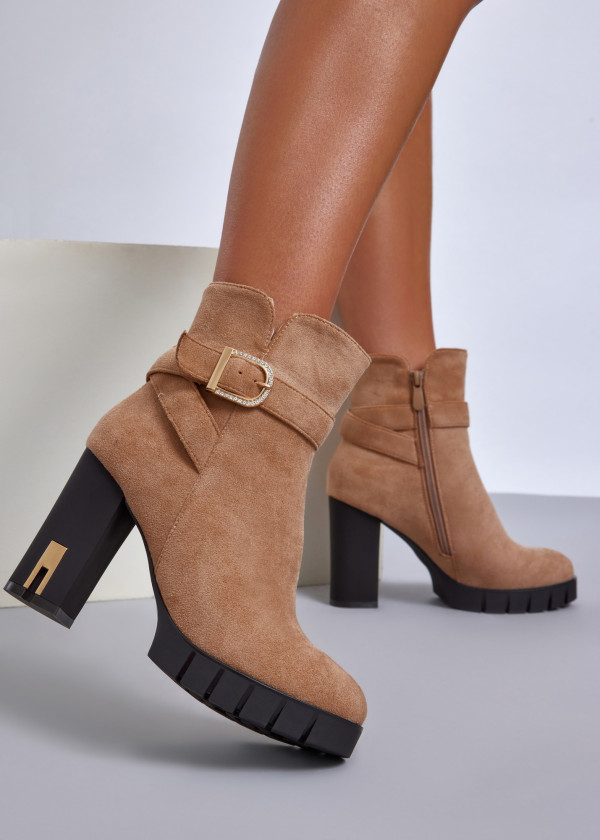 Khaki suede block heeled ankle boots with diamante buckle 1