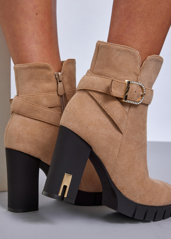 Khaki suede block heeled ankle boots with diamante buckle 2