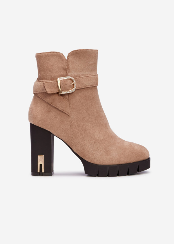 Khaki suede block heeled ankle boots with diamante buckle 3