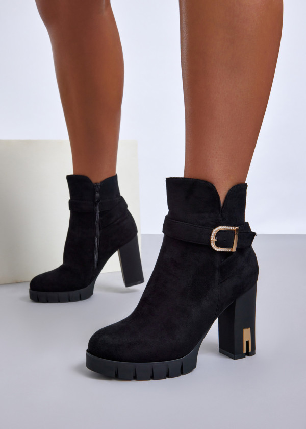 Black suede block heeled ankle boots with diamante buckle