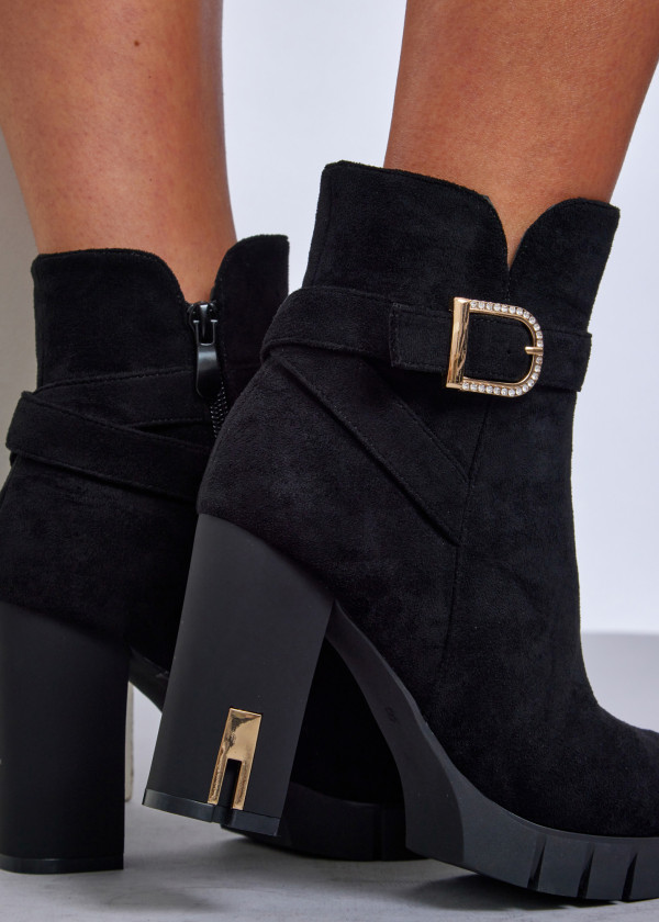 Black suede block heeled ankle boots with diamante buckle 1