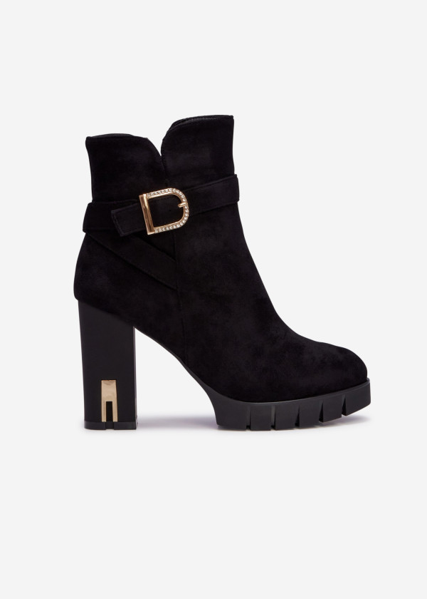 Black suede block heeled ankle boots with diamante buckle 2