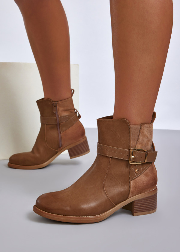 Khaki buckled ankle boots with block heel