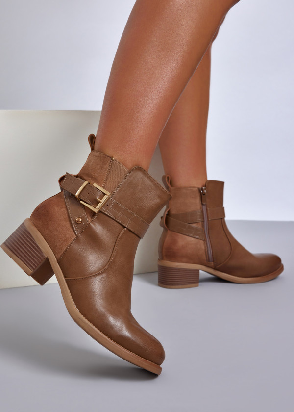 Khaki buckled ankle boots with block heel 1