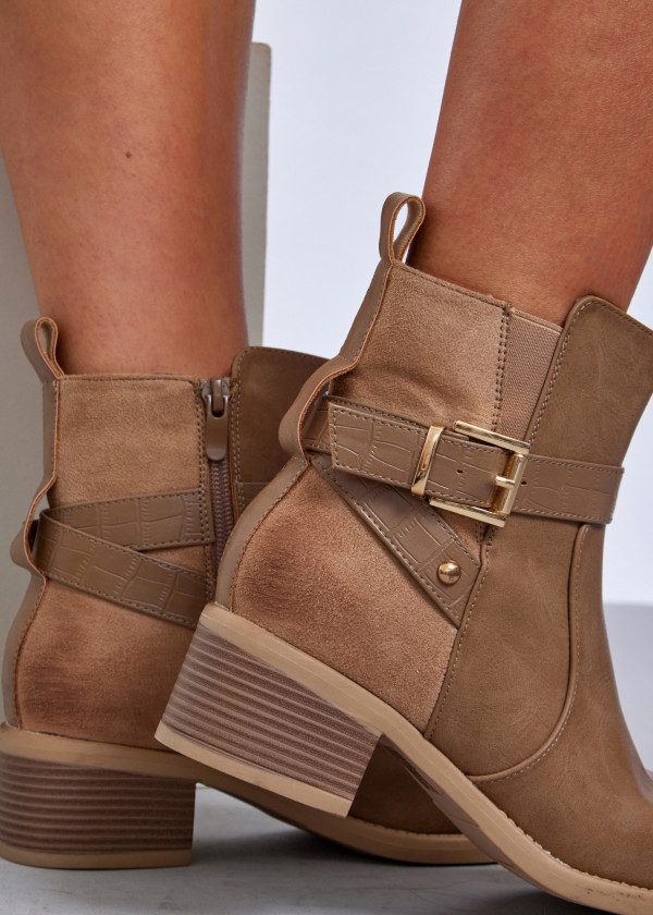 Khaki buckled ankle boots with block heel 2