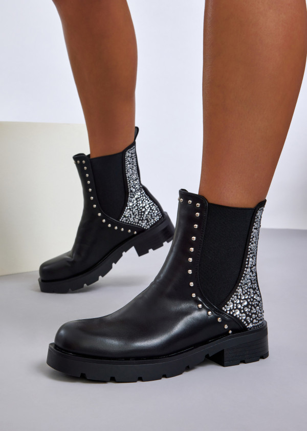 Black studded chelsea boots with rhinestone detail 4