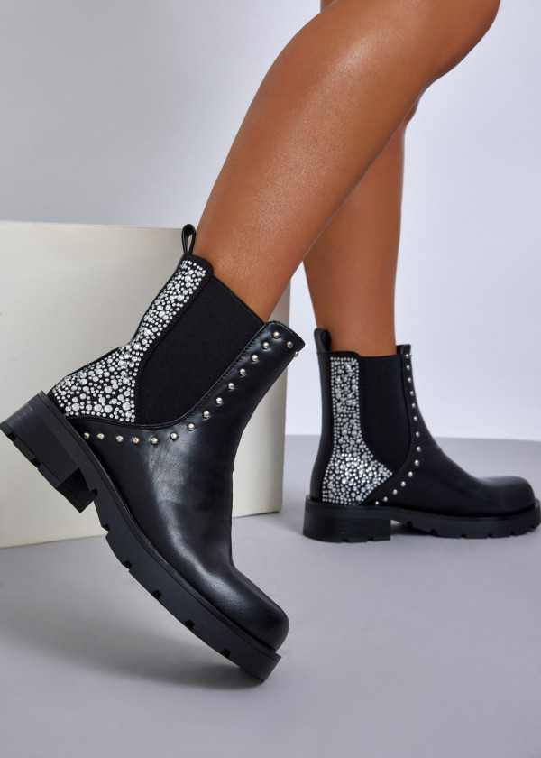 Black studded chelsea boots with rhinestone detail 1