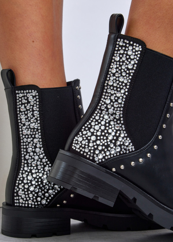 Black studded chelsea boots with rhinestone detail 2