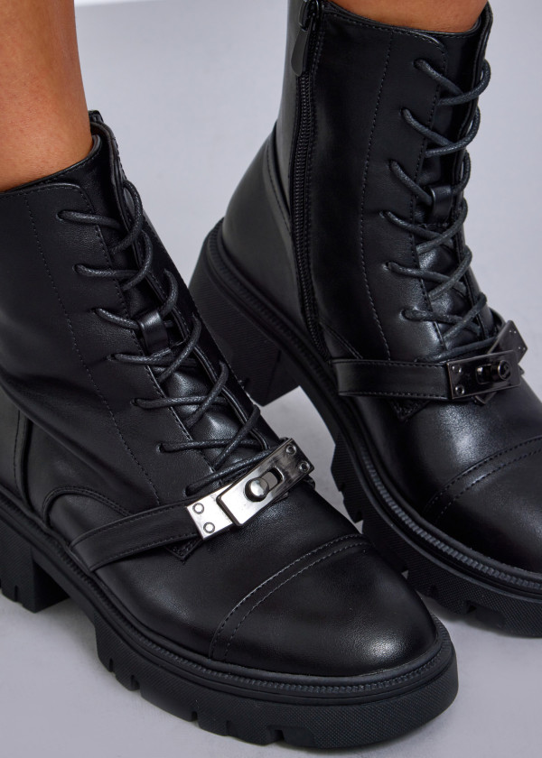 Black lace-up combat boots with front buckle detail 1