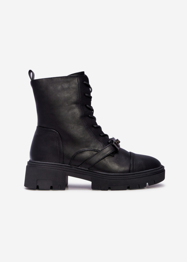 Black lace-up combat boots with front buckle detail 2