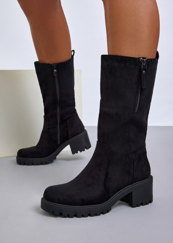 Black chunky suede mid-calf boots 4