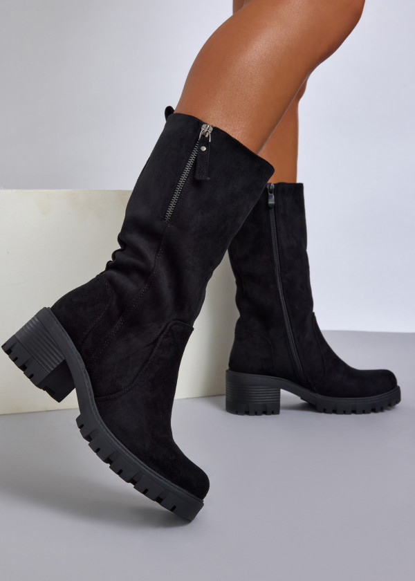 Black chunky suede mid-calf boots 1